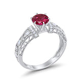 Art Deco Wedding Promise Ring Round Simulated Ruby CZ 925 Sterling Silver