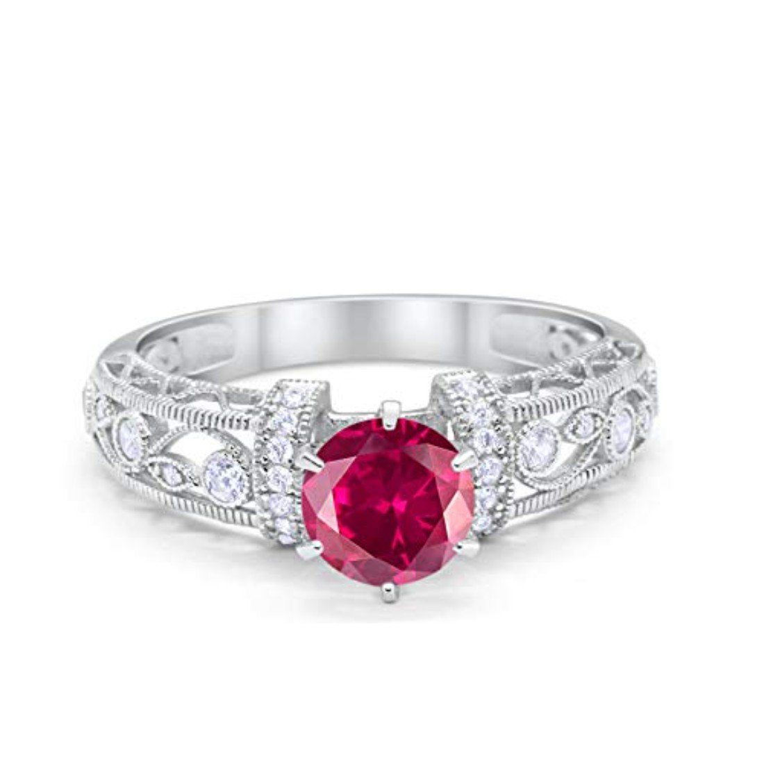 Art Deco Wedding Promise Ring Round Simulated Ruby CZ 925 Sterling Silver