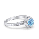 Halo Engagement Promise Ring Round Simulated Aquamarine CZ 925 Sterling Silver