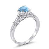 Halo Engagement Promise Ring Round Simulated Aquamarine CZ 925 Sterling Silver