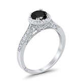 Halo Art Deco Engagement Ring Round Simulated Black CZ 925 Sterling Silver