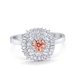Halo Engagement Ring Round Baguette Simulated Morganite CZ 925 Sterling Silver