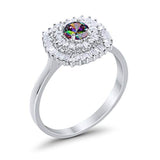 Halo Engagement Ring Round Baguette Simulated Rainbow CZ 925 Sterling Silver