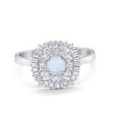 Halo Engagement Ring Round Baguette Lab Created White Opal 925 Sterling Silver