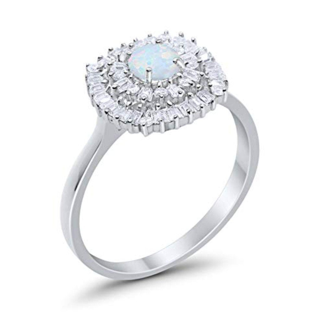 Sterling Silver Simulated Opal Halo Wedding Band - Round White, Size 5