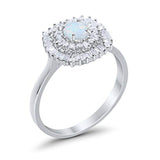 Halo Engagement Ring Round Baguette Lab Created White Opal 925 Sterling Silver