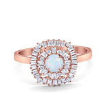 Halo Engagement Ring Baguette Rose Tone, Lab Created White Opal 925 Sterling Silver
