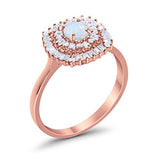 Halo Engagement Ring Baguette Rose Tone, Lab Created White Opal 925 Sterling Silver