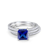 Princess Cut Wedding 3 Piece Ring Simulated Blue Sapphire CZ 925 Sterling Silver