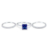 Princess Cut Wedding 3 Piece Ring Simulated Blue Sapphire CZ 925 Sterling Silver