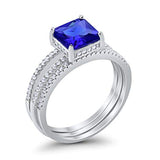 Princess Cut Wedding 3 Piece Ring Simulated Blue Sapphire CZ 925 Sterling Silver