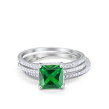 Princess Cut Wedding 3 Piece Ring Simulated Green Emerald CZ 925 Sterling Silver