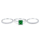 Princess Cut Wedding 3 Piece Ring Simulated Green Emerald CZ 925 Sterling Silver