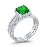 Princess Cut Wedding 3 Piece Ring Simulated Green Emerald CZ 925 Sterling Silver