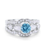 Three Piece Wedding Promise Simulated Aquamarine CZ Ring 925 Sterling Silver