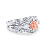 Three Piece Wedding Promise Simulated Morganite CZ Ring 925 Sterling Silver
