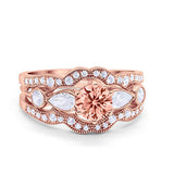 Three Piece Wedding Promise Rose Tone, Simulated Morganite CZ Ring 925 Sterling Silver