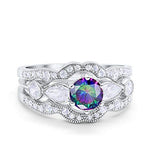 Three Piece Bridal Wedding Promise Ring Simulated Rainbow CZ 925 Sterling Silver