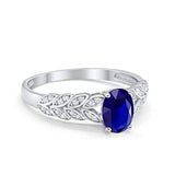 Solitaire Floral Accent Oval Simulated Blue Sapphire CZ Wedding Ring 925 Sterling Silver