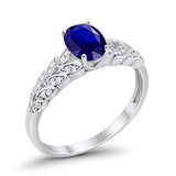 Solitaire Floral Accent Oval Simulated Blue Sapphire CZ Wedding Ring 925 Sterling Silver
