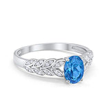 Solitaire Floral Accent Oval Simulated Blue Topaz CZ Wedding Ring 925 Sterling Silver