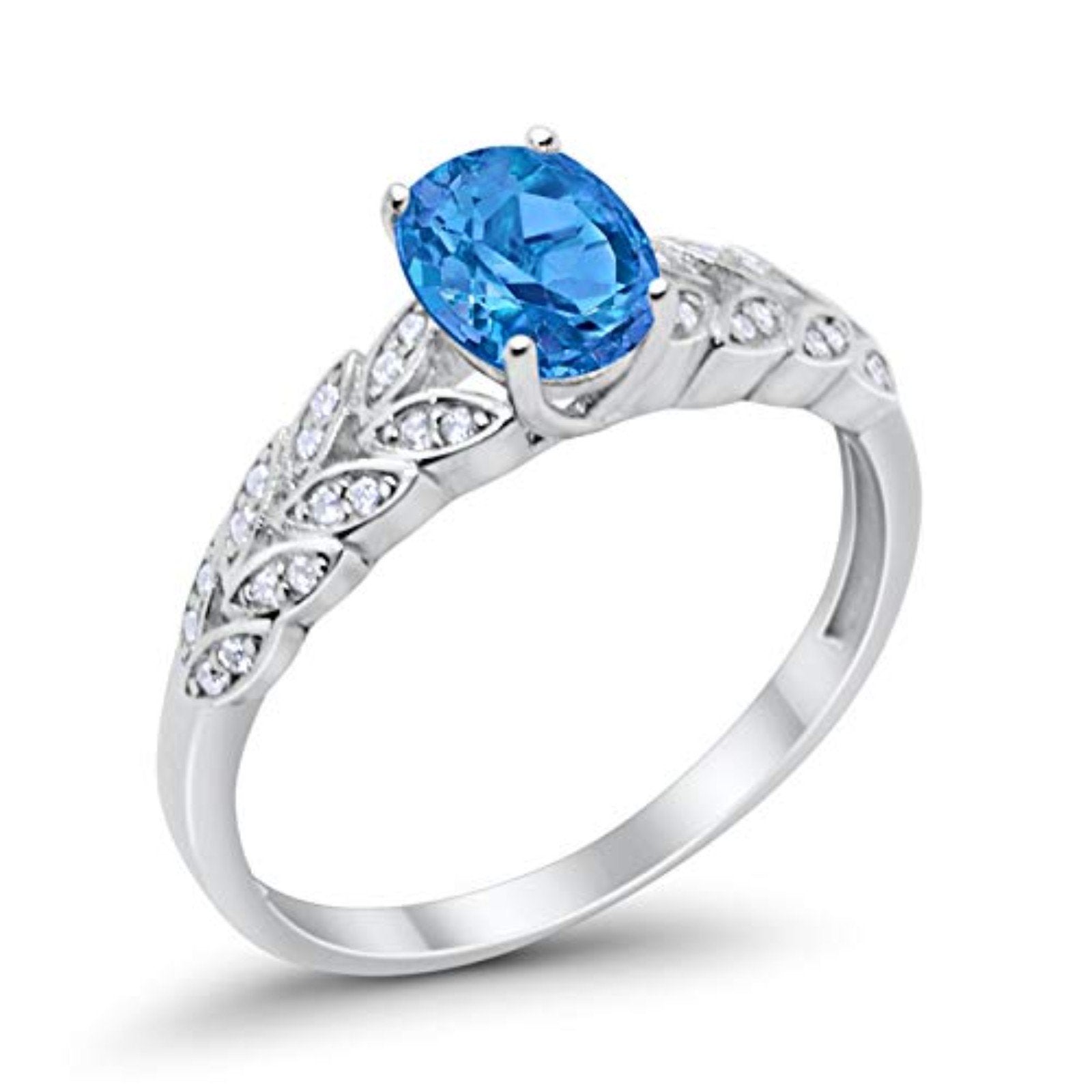 Solitaire Floral Accent Oval Simulated Blue Topaz CZ Wedding Ring 925 Sterling Silver
