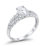 Solitaire Floral Accent Oval Simulated Cubic Zirconia Wedding Ring 925 Sterling Silver