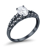Floral Accent Oval Black Tone, Simulated CZ Wedding Ring 925 Sterling Silver
