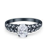 Floral Accent Oval Black Tone, Simulated CZ Wedding Ring 925 Sterling Silver