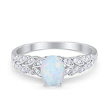 Solitaire Floral Accent Oval Lab White Opal Wedding Ring 925 Sterling Silver