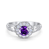Vintage Style Wedding Ring Round Simulated Amethyst CZ 925 Sterling Silver