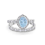 Two Piece Oval Art Deco Wedding Simulated Aquamarine CZ Ring 925 Sterling Silver