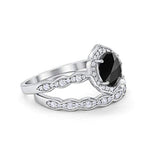 Two Piece Oval Art Deco Wedding  Simulated Black CZ Ring 925 Sterling Silver