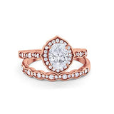 Two Piece Oval Art Deco Wedding Rose Tone, Simulated Cubic Zirconia Ring 925 Sterling Silver