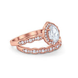 Two Piece Oval Art Deco Wedding Rose Tone, Simulated Cubic Zirconia Ring 925 Sterling Silver