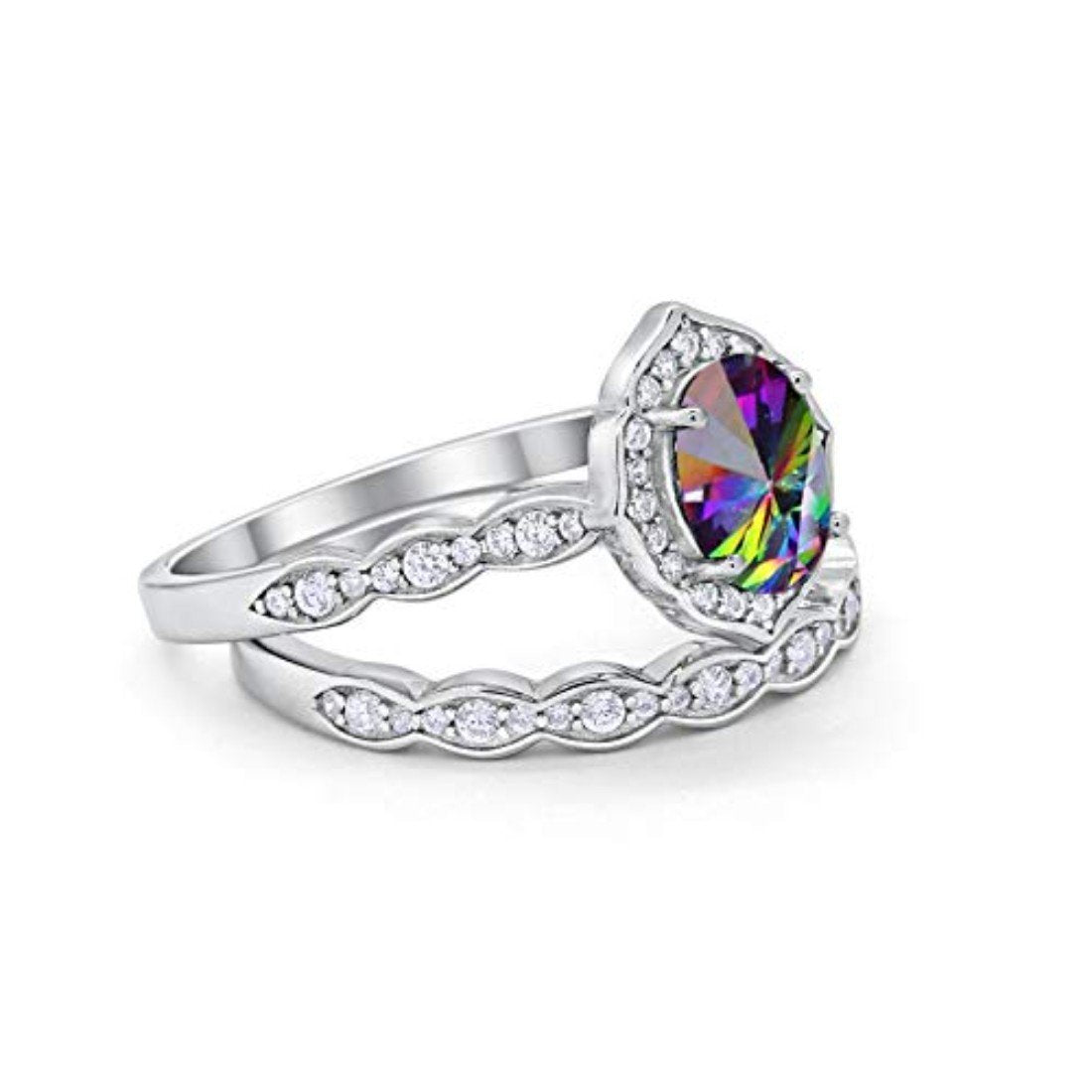 Two Piece Oval Art Deco Wedding  Simulated Rainbow CZ Ring 925 Sterling Silver