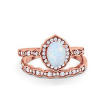 Two Piece Oval Art Deco Wedding Rose Tone, Lab Created White Opal Ring 925 Sterling Silver