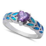 Heart Shape Simulated Amethyst CZ, Lab Blue Opal 925 Sterling Silver Ring