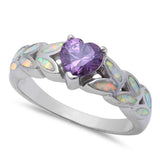 Heart Shape Simulated Amethyst CZ, Lab White Opal 925 Sterling Silver Ring