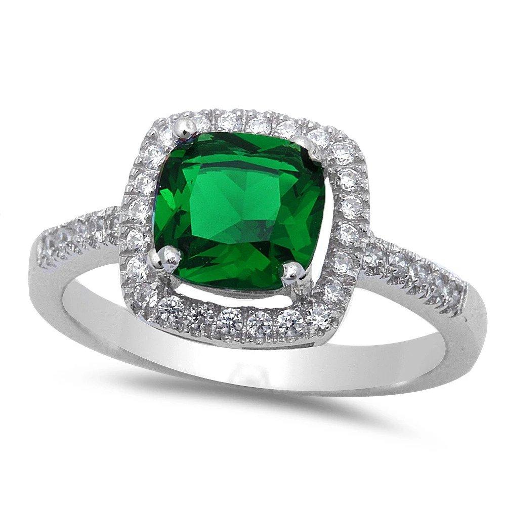 Solitaire Wedding Ring Cushion Cut Simulated Green Emerald CZ 925 Sterling Silver