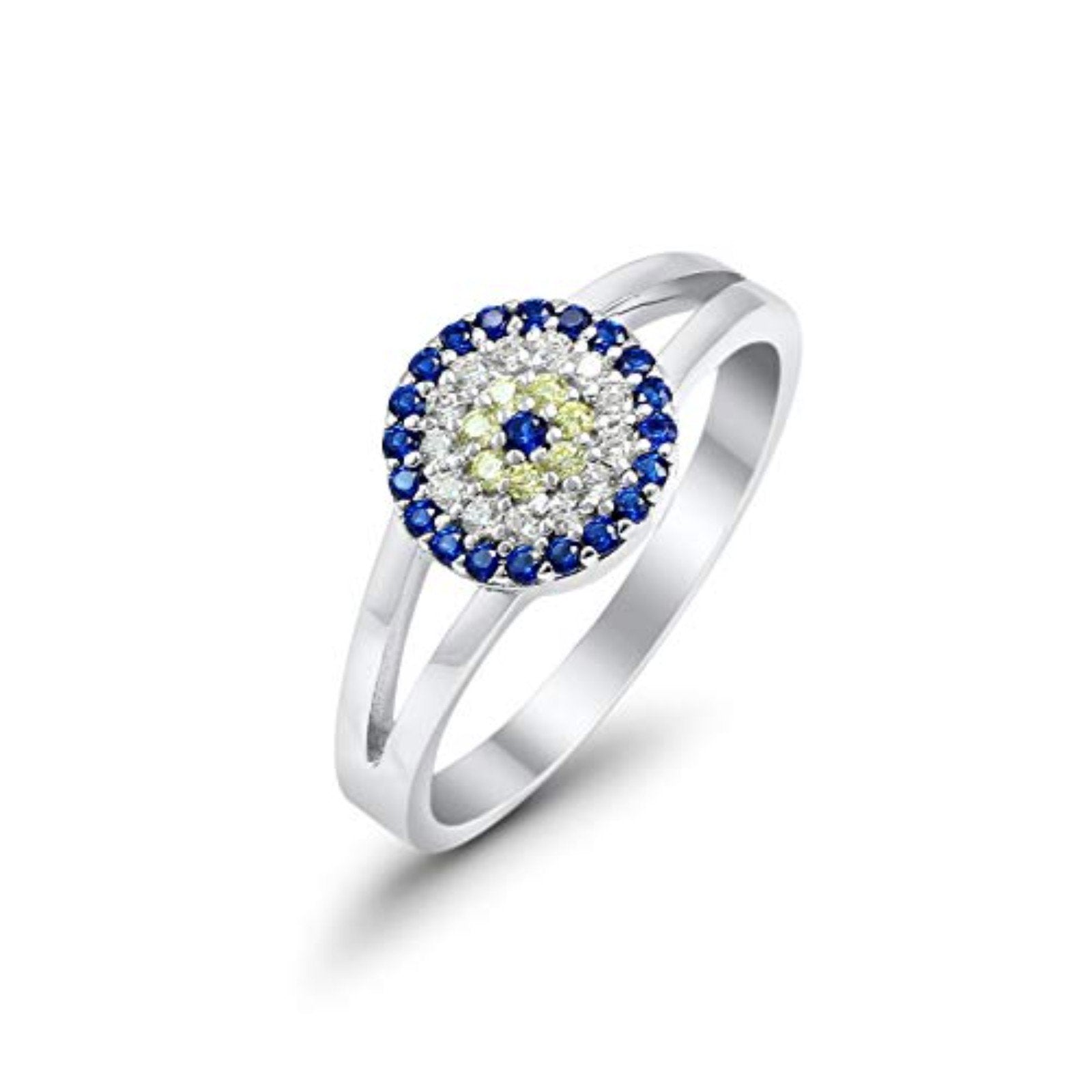 Split Shank Evil Eye Ring Round Simulated Blue Sapphire Yellow and Clear CZ 925 Sterling Silver