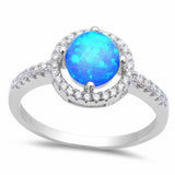 Solitaire Accent Halo Ring Round Lab Created Blue Opal 925 Sterling Silver