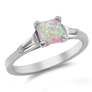 Princess Cut Lab Created Pink Opal Ring Baguette CZ 925 Sterling Silver