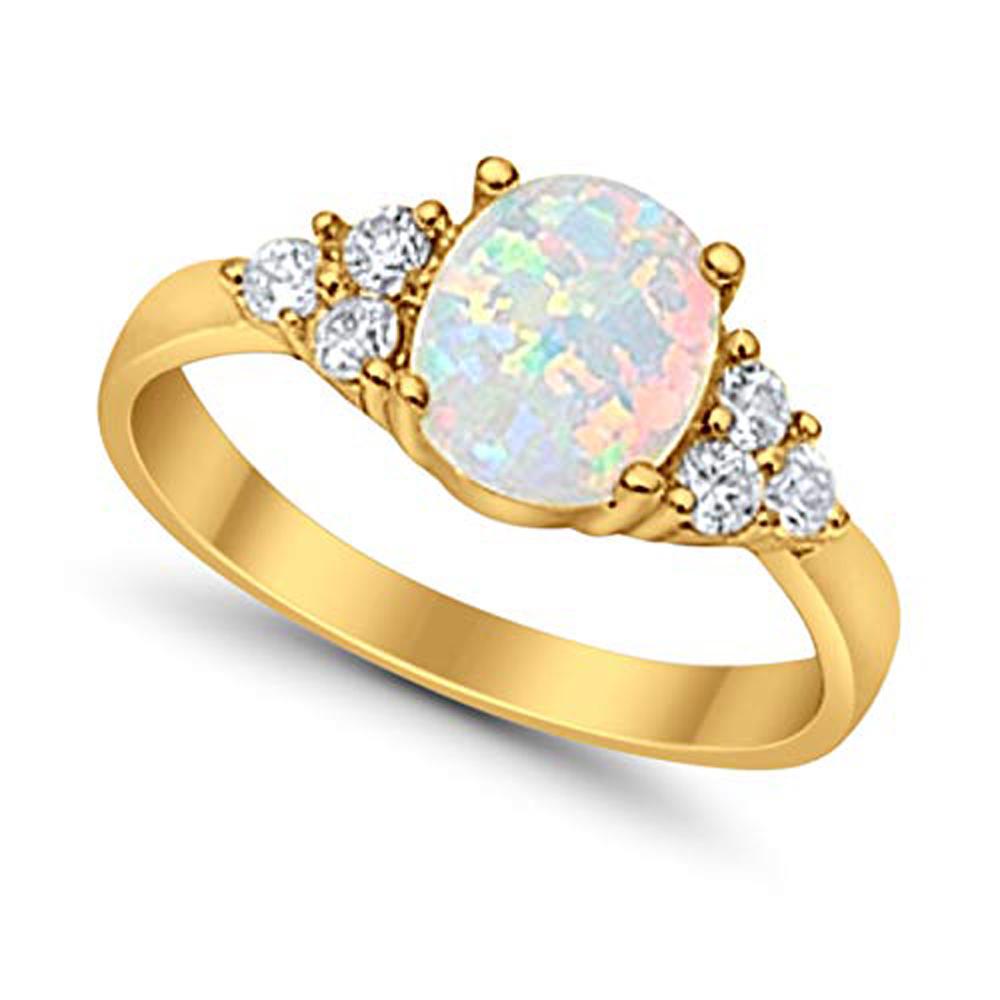 Accent Wedding Ring Oval Yellow Tone, Lab Created White Opal 925 Sterling Silver