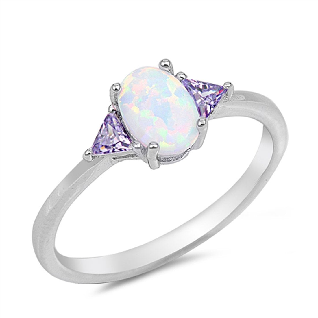 Accent Engagement Ring Lab Created White Opal Simulated Amethyst CZ 925 Sterling Silver