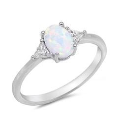 Accent Wedding Ring Oval Cut Lab White Opal Triangle CZ 925 Sterling Silver