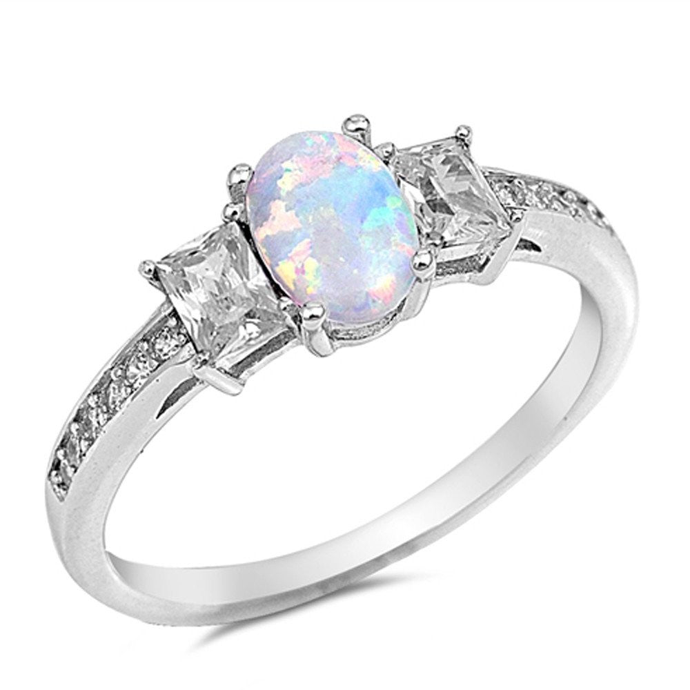3 Stone Wedding Ring Lab White Opal Simulated CZ 925 Sterling Silver
