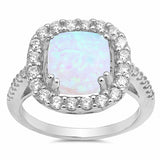 Halo Ring Princess Cut Lab Created White Opal 925 Sterling Silver