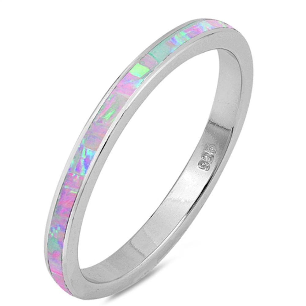 Full Eternity Stackable Band Ring Lab Created Pink Opal 925 Sterling Silver