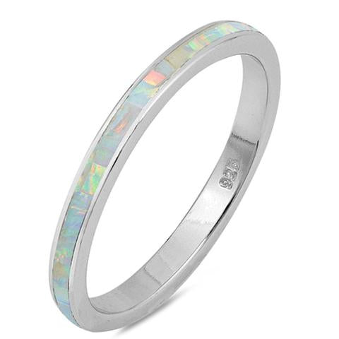 Full Eternity Stackable Band Ring Lab Created White Opal 925 Sterling Silver
